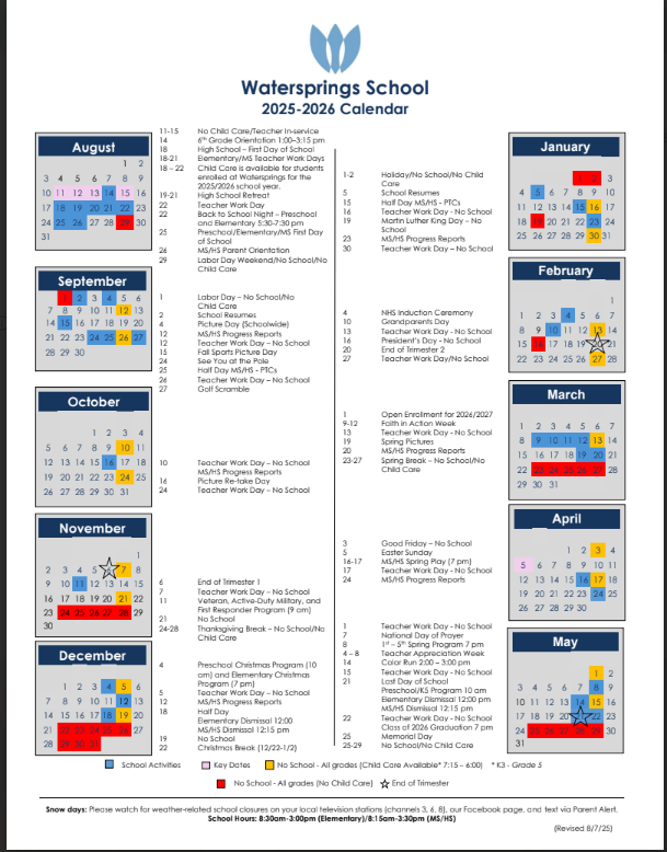 School Calendar - Watersprings School
